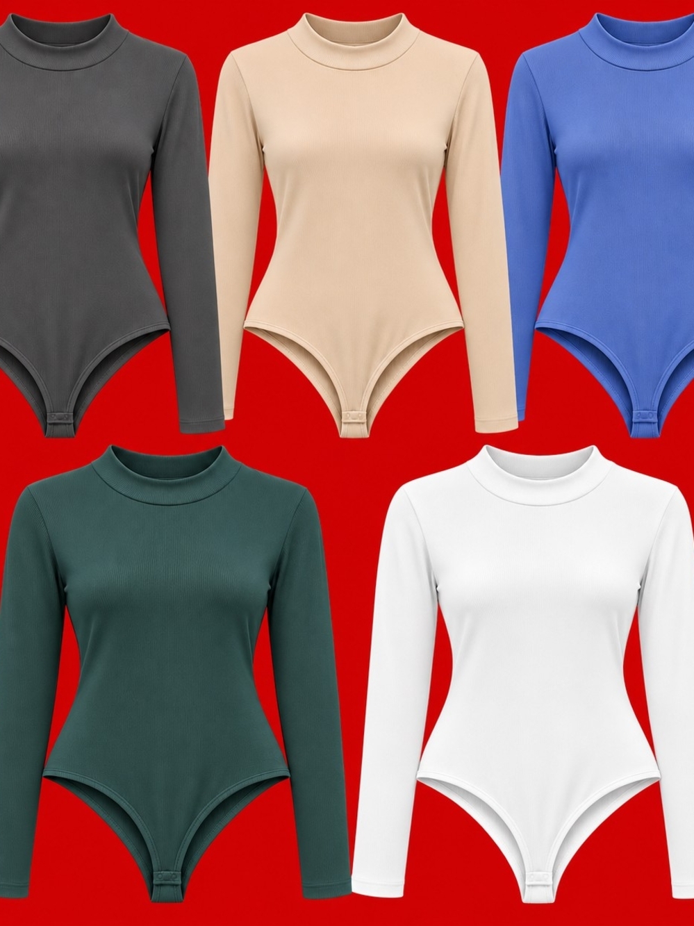 Bundle (5) Long-Sleeve (Plus Size) Bodysuit in White, Beige, Black, Blue & Green